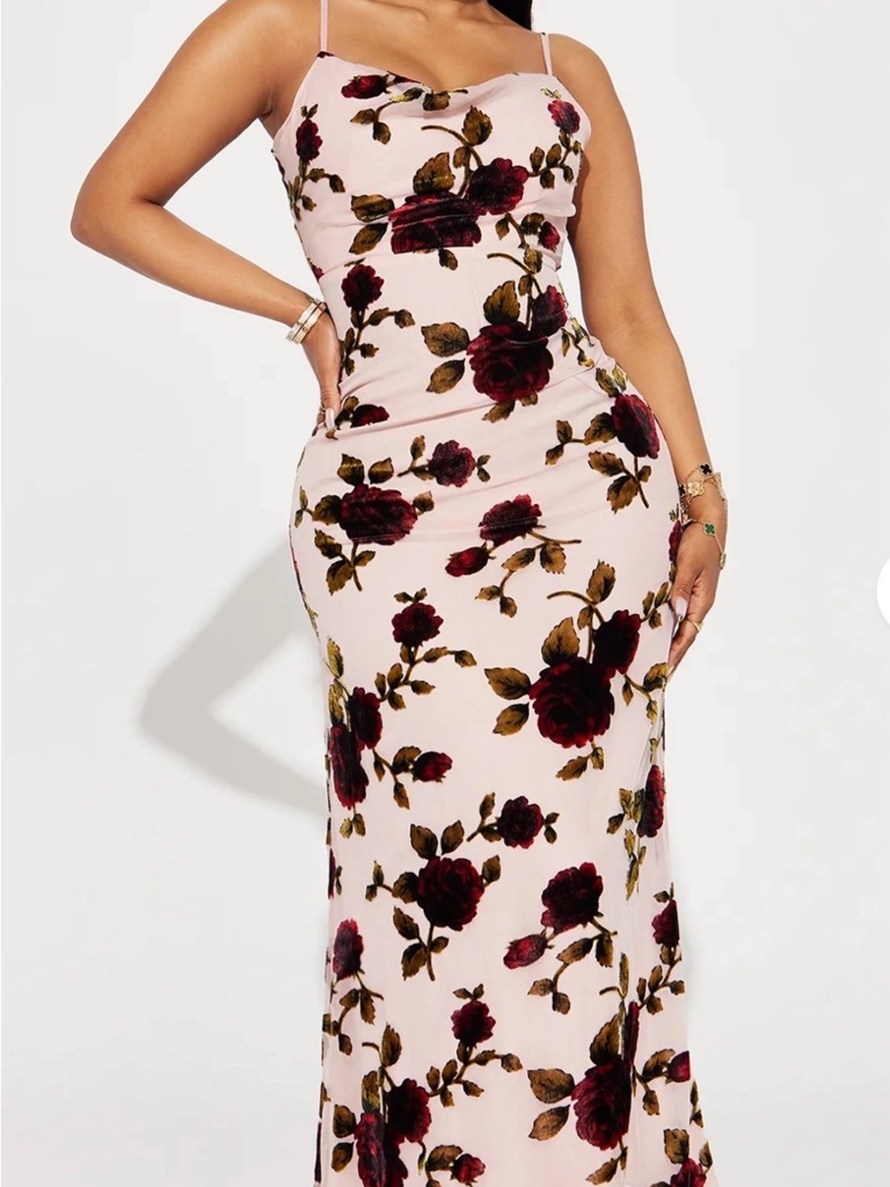 Fashion Nova Blush Maxi Dress with rose velvet burnout/chiffon sz M